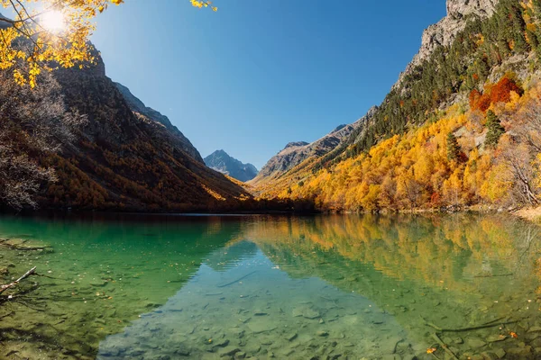 Mountain Lake Transparent Water Colorful Autumnal Trees Mountains Lake Shotted — Stockfoto