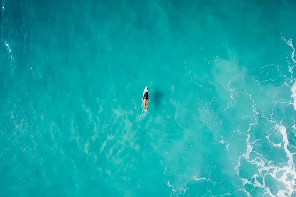 Surfer Girl Surfboard Blue Ocean Waiting Wave Aerial View — 스톡 사진