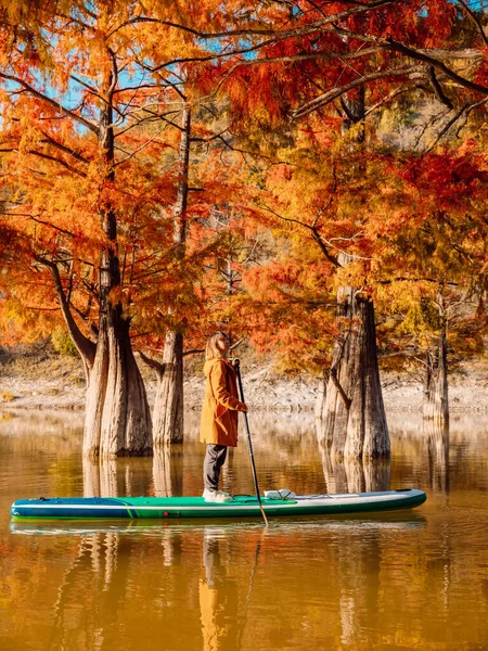 Traveller Woman Stand Paddle Board Lake Taxodium Trees Autumnal Season — Foto de Stock