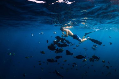 Freediver man with school of fish in transparent ocean