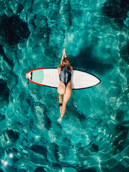 Surf Girl Sexy Swimsuit Surfboard Transparent Ocean Aerial View Beauty — Photo