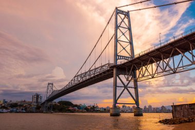 May 1, 2022. Florianopolis, Brazil. Hercilio luz cable stayed bridge with sunset tones in Florianopolis, Brazil