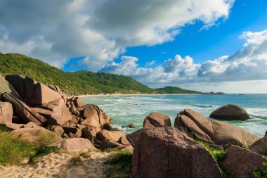 Praia da Galheta beach with amazing rocks and ocean waves. Holiday beach in Brazil, Floripa