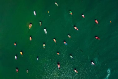 Group of Fishing boat in ocean. Aerial view, Top view