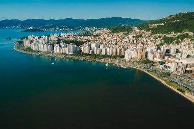 Aerial view of Florianopolis downtown and coastline. Urban view of architectural landscape