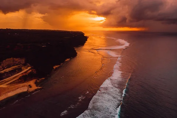 Aerial View Coastline Ocean Waves Warm Sunset Sunrise — Stock Photo, Image