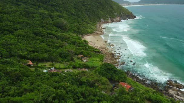 Malownicze Wybrzeże Plażą Skałami Oceanem Falami Florianopolis Brazylia Widok Lotu — Wideo stockowe