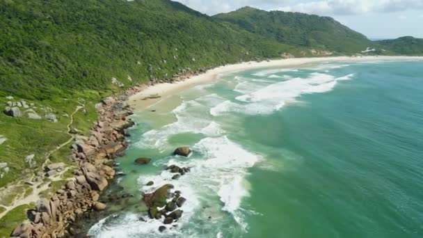 Spiaggia Selvaggia Oceano Con Onde Brasile Veduta Aerea Praia Galheta — Video Stock