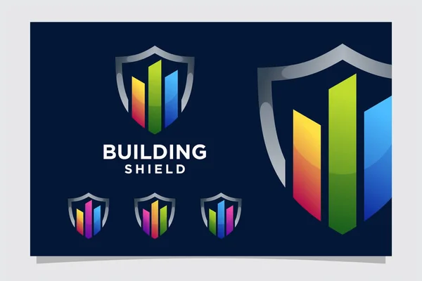 Logotipo Del Edificio Con Concepto Escudo Para Empresa Seguridad Inmobiliaria — Vector de stock