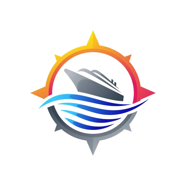 Kryssningsfartyg Logotyp Med Färgglada Kompass Koncept — Stock vektor