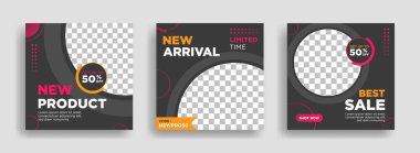 Sosyal medya mobil uygulamaları için modern promosyon kare web pankartı. İndirimli promosyon geçmişi olan fotoğraf kolajı şablonu vektörü. E- posta reklam bülteni taslakları, internet reklamları.