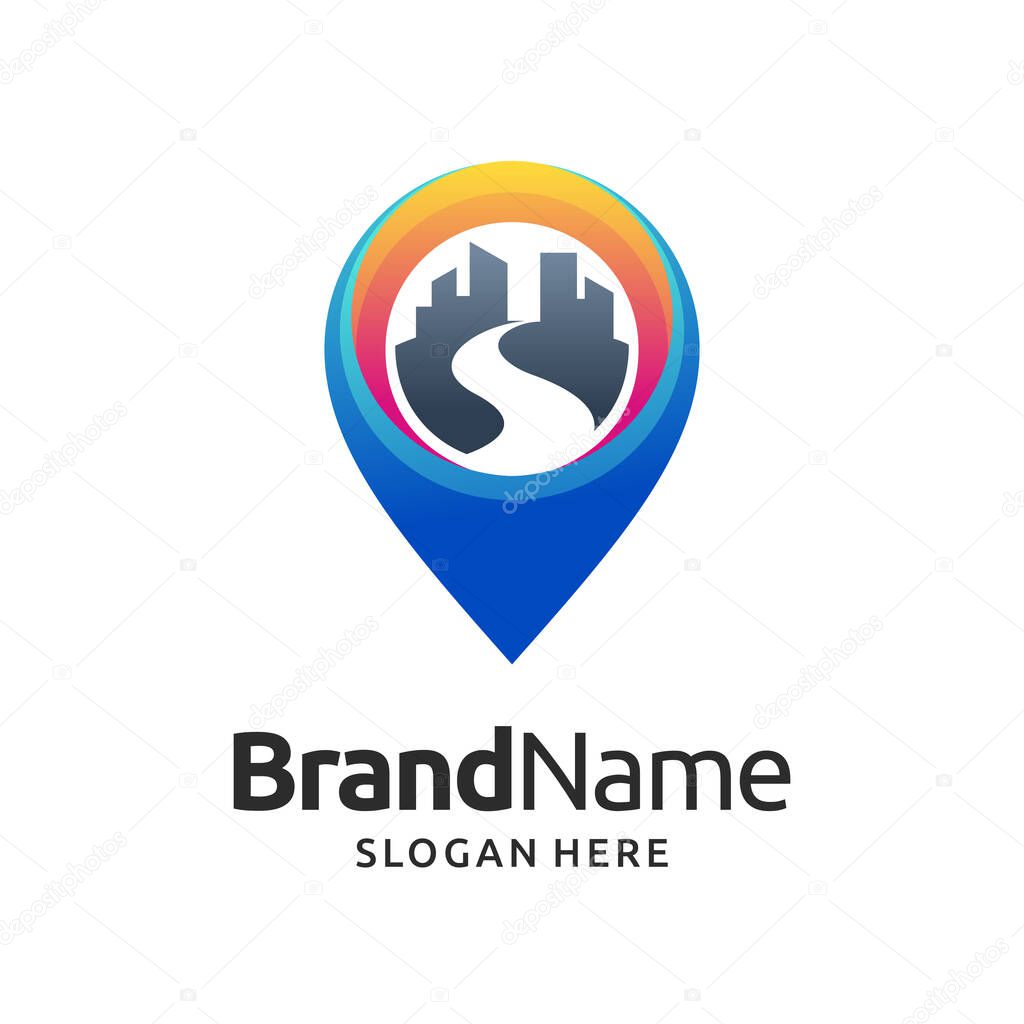 City road logo or icon template with pin location design illustration