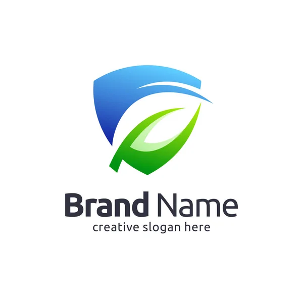 Desain Logo Penitipan Alam Dengan Perisai Dan Konsep Daun - Stok Vektor