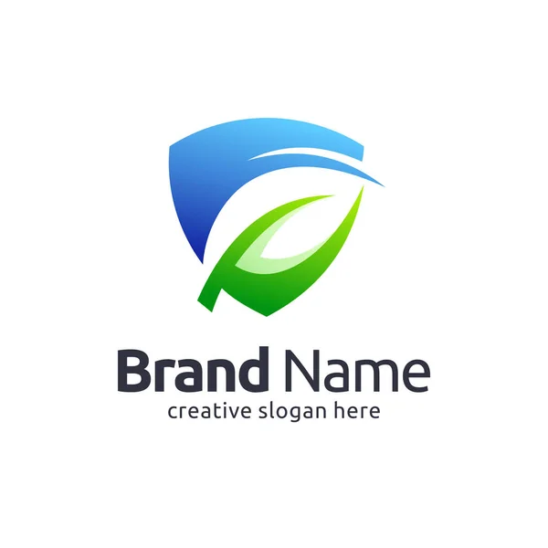 Nature Care Logo Design Mit Schild Und Blattkonzept — Stockvektor