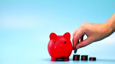 Domuz kumbarası tasarruf işi madeni para yığını kavramının üzerinde duruyor. Bir el kumbaraya para koyuyor. Para biriktirmek gelecek için bir yatırımdır. Metin için kopyalama alanı olan bankacılık yatırım işi