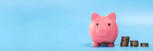 Pink Piggy Bank Met Stapel Munten Groei Besparing Concept Zakelijk — Stockfoto