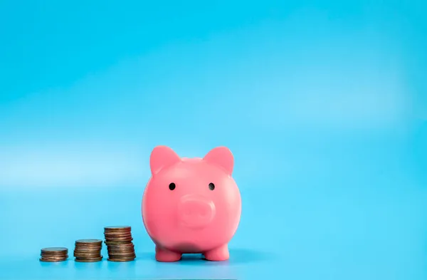 Pink Piggy Bank Met Stapel Munten Groei Besparing Concept Zakelijk — Stockfoto