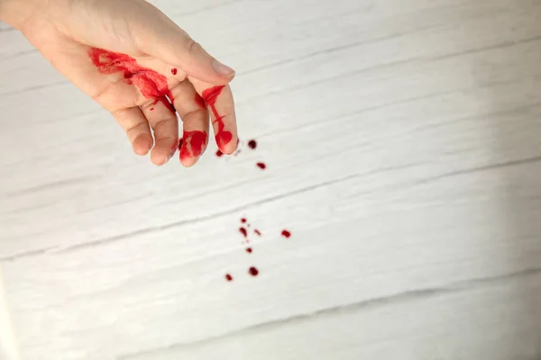 Lesão Mão Com Sangue Ferida Sangue Corte Vista Superior Espaço — Fotografia de Stock