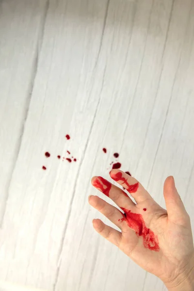 Lesão Mão Com Sangue Ferida Sangue Corte Vista Superior Espaço — Fotografia de Stock