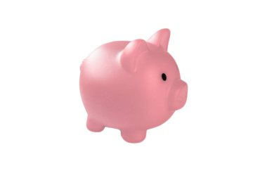 Beyaz arkaplanda izole edilmiş pembe kumbara, tasarruf, para, finansal, metin kopyalama alanı için iş konsepti alanı