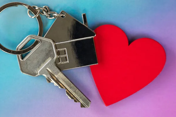 Llave Con Encanto Forma Corazón Pequeña Casa Pastel Púrpura Rosa — Foto de Stock