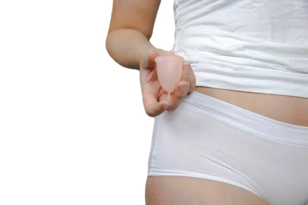Young Female Holding Menstrual Isolated White Background Device Vagina Menstruation — Stock fotografie