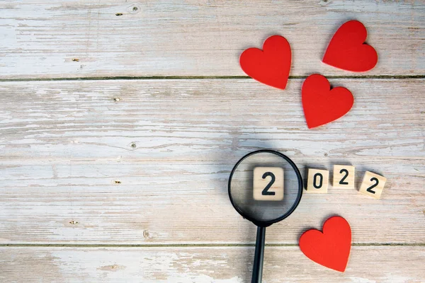Alla Hjärtans Dag Symbol Bakgrund 2022 Och Röda Hjärtan Trä — Stockfoto