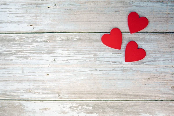 Pair Red Hearts Vintage Wooden Table Top View Saint Valentines — Stockfoto