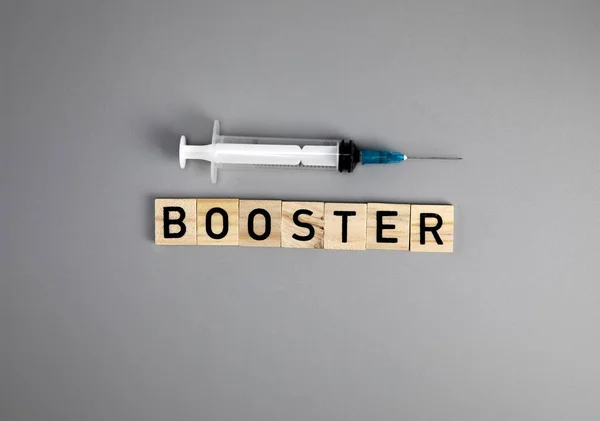 Covid Booster Shots Vaccine Text Gray Background Covid Booster Shots — Fotografia de Stock
