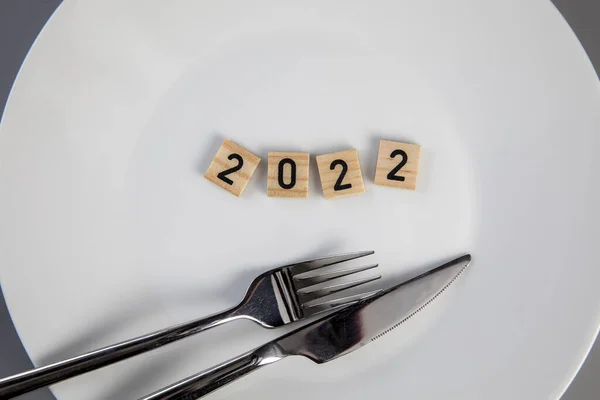 Fork Knife White Empty Plate 2022 Text Top View New — Zdjęcie stockowe