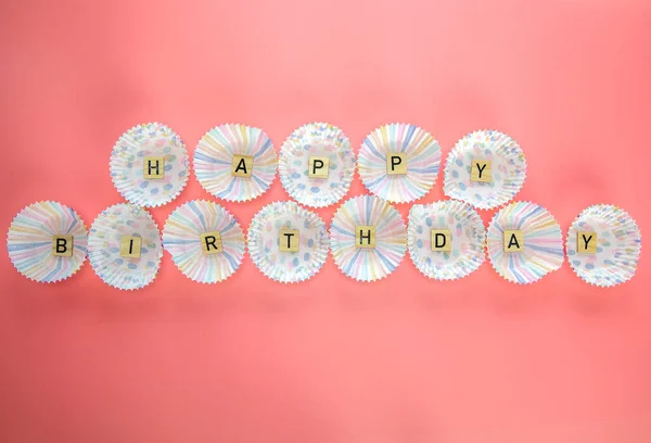Text Happy Birthday Wooden Letters Birthday Asseccories Pink Background Top — Stock Photo, Image