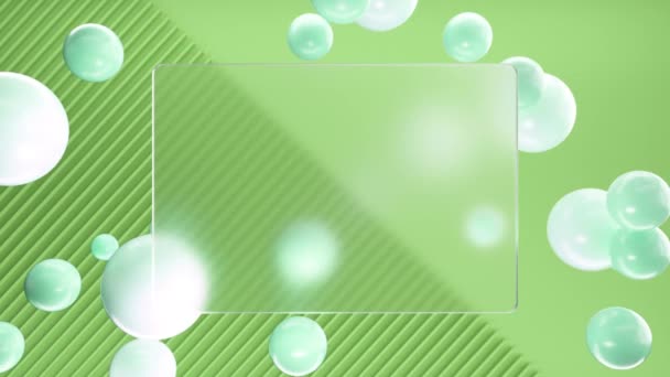 Замороженное Квадратное Стекло Надписей Логотипов Зелеными Круглыми Сферами Фоне Зеленых — стоковое видео