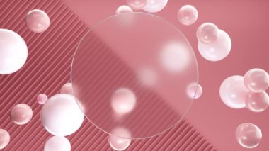 Kırmızı üç boyutlu çizgiler ve yarım duvar üzerinde kırmızı yuvarlak küreler olan yazıtlar veya logolar için buzlu yuvarlak cam. Giriş videosunun soyut canlandırması. Kusursuz döngü canlandırması.
