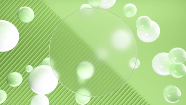 Замороженное Квадратное Стекло Надписей Логотипов Зелеными Круглыми Сферами Фоне Зеленых — стоковое видео