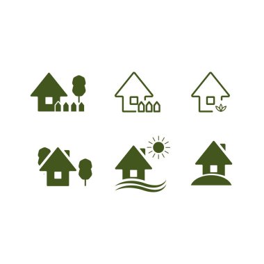 Ev bahçesi simgeleri, bahçe evi ikonu parkı, ağaç ve çimenli çevre yeşil ev simgesi, EPS 10 biçimi