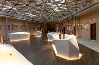 Dubai, UAE, 27.09.2021. The Shindagha Museum Perfume House inside view with modern displays showing perfume making culture of Dubai.