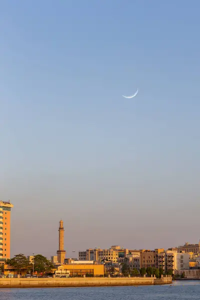 Skyline Deira Dubai Sunset Dubai Creek Mosque Minaret Crescent Moon — Photo
