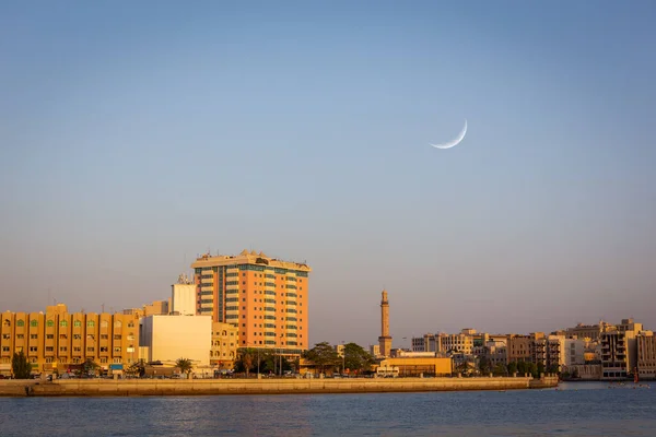 Skyline Deira Dubai Sunset Dubai Creek Mosque Minaret Crescent Moon — Photo
