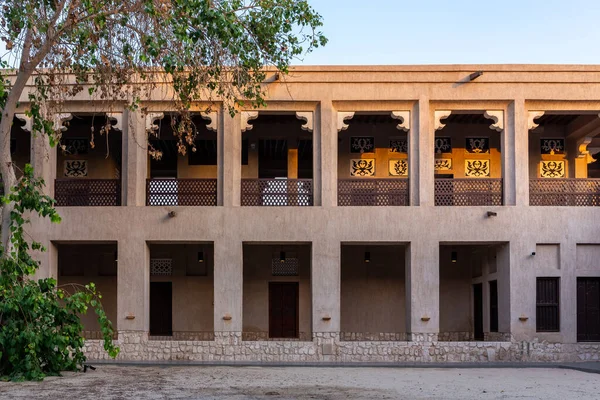 Dubai, UAE, 27.09.21. House of Sheikh Saeed Al Maktoum, part of Shindagha Museum buidling, traditional Arabic style building with cloisters and Arabic ornaments, Old Dubai.