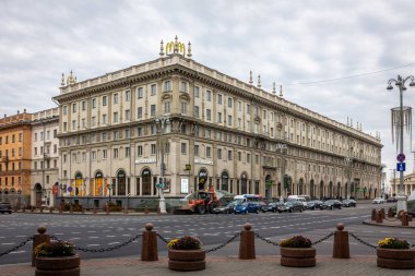 Minsk, Belarus, 04.11.2021. McDonald's fast food restaurant in old monumental neo-classical style building, Independence Avenue.