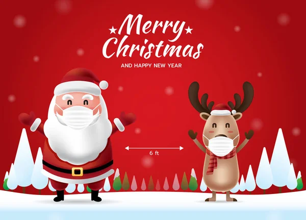 在社交场合与圣诞老人和驯鹿保持距离 戴着红色背景的面具 圣诞快乐 新年快乐 Covid 19和Corona病毒保护 矢量说明 — 图库矢量图片