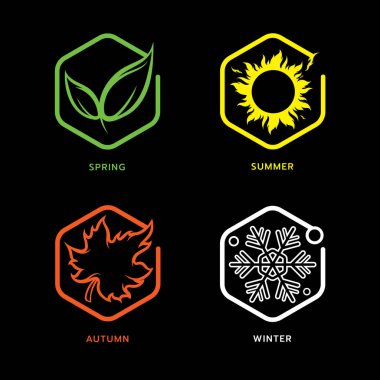 Doğa havası dört mevsim kış ilkbahar ve sonbahar ikonu seti. Vektör illüstrasyonu