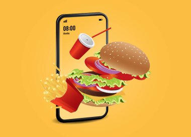 Hamburgerin vektör çizimi çevrimiçi mobil dağıtım hizmeti. sipariş için mobil, hamburger simgesi, şeffaf arkaplan. 