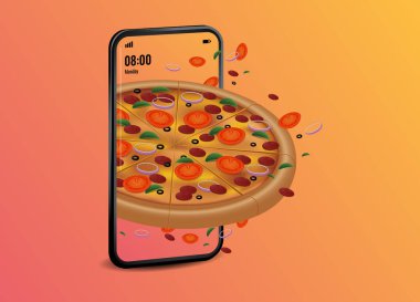 İnternet üzerinden pizza dağıtım servisinin vektör illüstrasyonu. Sipariş için mobil, ulaşım için pizza ikonu. çevrimiçi fast food. pembe arkaplan