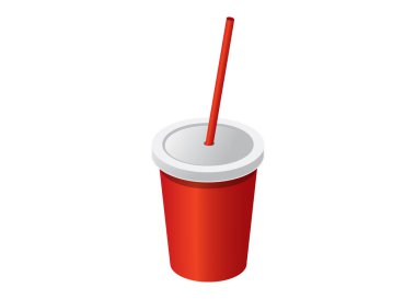 Soda için pipetli kırmızı bardaklar, beyaz arka planda izole edilmiş meyve suyu veya soğuk içecek. Pipetle birlikte bir bardak fast food soda. Fast food içecekleri ve içecek menüsü için soğuk içecek. gerçekçi biçim vektör illüstrasyonu