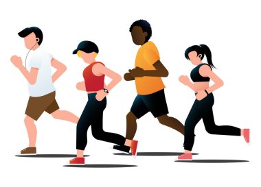 Beyaz arka planda koşan kadın ve erkekler. Spor kıyafetleri içinde koşan ya da parkta koşan insanlar. Açık hava sporu, spor, spor. Sağlıklı aktif yaşam tarzı. Vektör Düz Biçim illüstrasyonu.