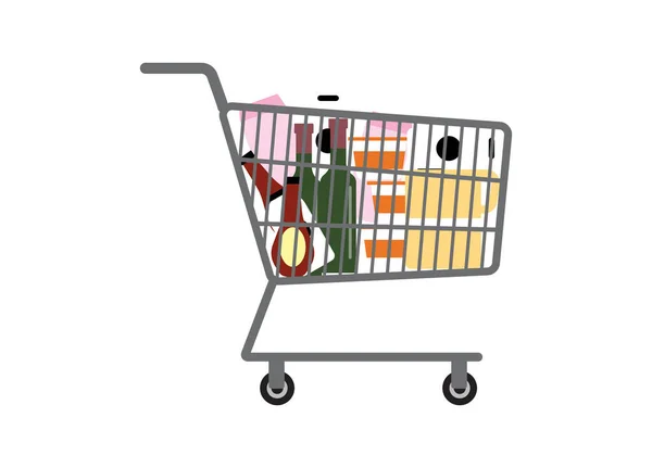 Shopping Cart Full Food White Background Grocery Drinks Wine Vector — Stock Vector