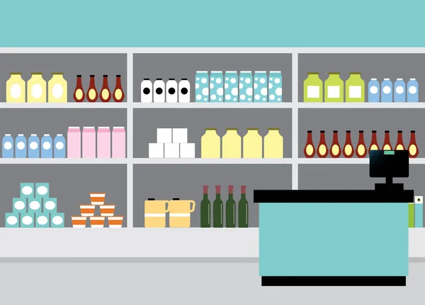 Lebensmittelgeschäft Mit Lebensmittelregalen Regalen Und Kasse Einkaufszentrum Mit Waren Store — Stockvektor