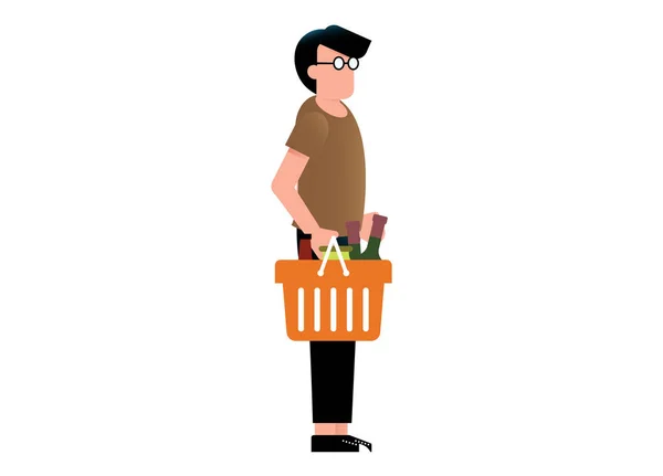Homem Com Cesta Cheia Comida Vinho Sobre Fundo Branco Ilustração — Vetor de Stock
