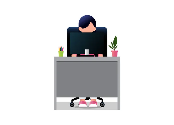 在白底电脑上工作的女职员 坐在办公桌前的商务人士 商人坐在写字台后面的一把黑色椅子上 矢量说明 — 图库矢量图片